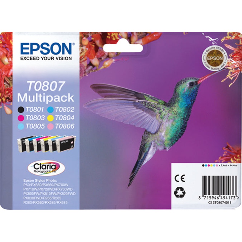 Epson C13T08074011/T0807 Ink cartridge multi pack Bk,C,M,Y,LC,LM, 6x220 pages 6x7,4ml Pack=6 for Epson Stylus Photo P 50/PX/PX 730/R 265