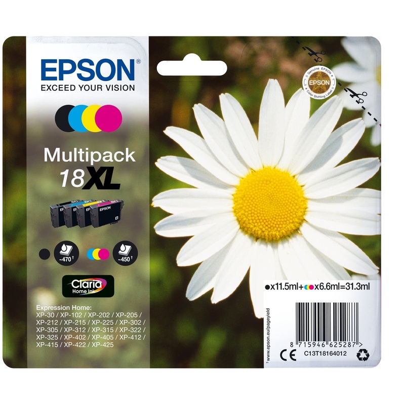 Epson C13T18164012/18XL Ink cartridge multi pack Bk,C,M,Y high-capacity 470pg + 3x450pg, 1x 12ml + 3x 7ml Pack=4 for Epson XP 30