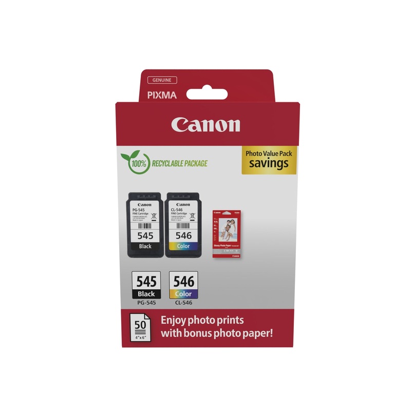 Canon 8287B008/PG-545+CL-546 Printhead cartridge multi pack black + color + Photopaper 50 sheet, 2x180 pages ISO/IEC 24711 8ml Pack=2 for Canon Pixma MG 2450