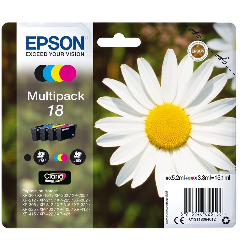 Epson C13T18064012/18 Ink cartridge multi pack Bk,C,M,Y 175pg + 3x180pg, 1x 5ml + 3x 3ml Pack=4 for Epson XP 30
