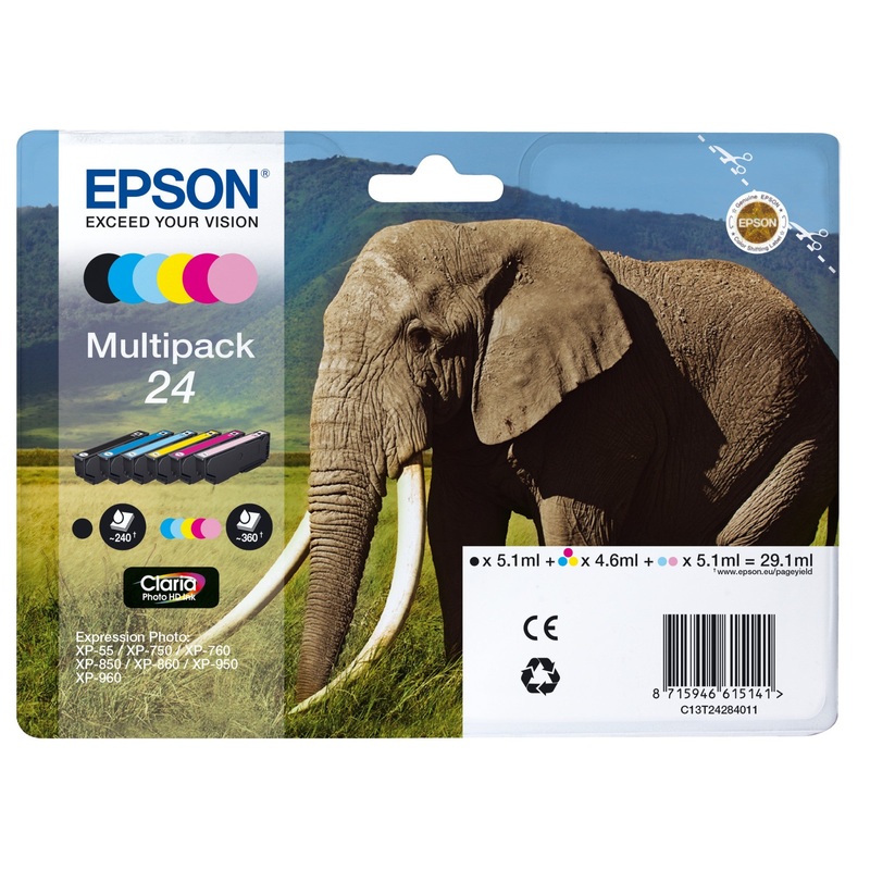 Epson C13T24284011/24 Ink cartridge multi pack Bk,C,M,Y,LC,LM, 6x360 pages 1x240pg + 5x360pg, 1x5.1ml + 5x4.6ml Pack=6 for Epson XP 750