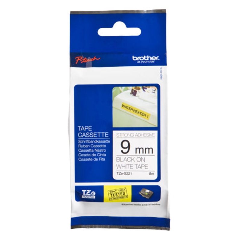 Brother TZE-S221 DirectLabel black on white extra strong Laminat 9mm x 8m for Brother P-Touch TZ 3.5-18mm/6-12mm/6-18mm/6-24mm/6-36mm