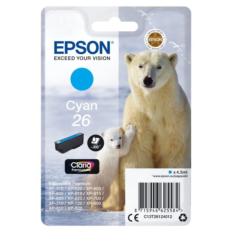 Epson C13T26124012/26 Ink cartridge cyan, 300 pages ISO/IEC 19752 4,5ml for Epson XP 600
