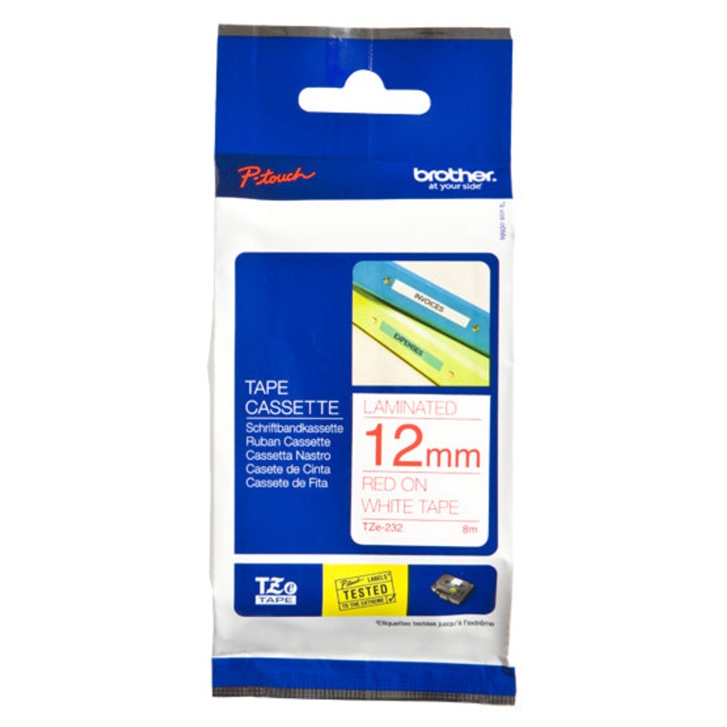 Brother TZE-232 DirectLabel red on white Laminat 12mm x 8m for Brother P-Touch TZ 3.5-18mm/6-12mm/6-18mm/6-24mm/6-36mm