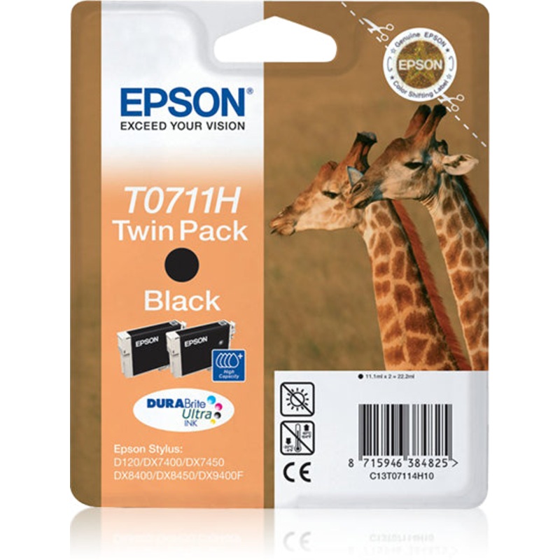 Epson C13T07114H10/T0711H Ink cartridge black high-capacity twin pack, 2x370 pages ISO/IEC 24711 11.1ml Pack=2 for Epson Stylus BX 310/600/D 120/Office B 1100/Office B 40 w
