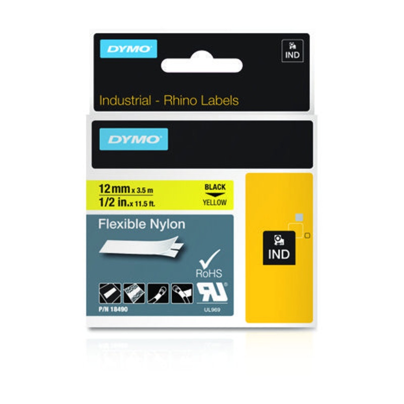 Dymo 18490/S0718080 Ribbon Nylon flexible black on yellow 12mm x 3,5m for Dymo Rhino 6-12mm/19mm/24mm