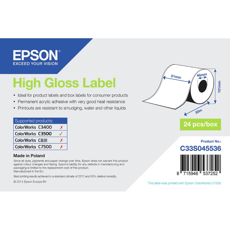 Epson C33S045536 Format-etikettes high-gloss 51mm x 33m for Epson TM-C 3500