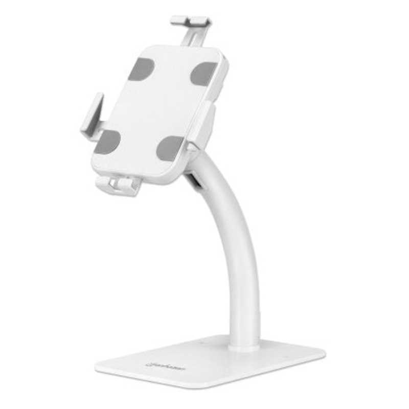 Manhattan Desktop Kiosk Stand (Anti theft) for Tablet and iPad, Universal, 360 Rotation, Tilt +20 to -110, White, Lockable, Countertop Holder for 7.9" to 11" Tablets, Extendable clamps: height 200 to 246mm/width 129 to 181mm, Lifetime warranty