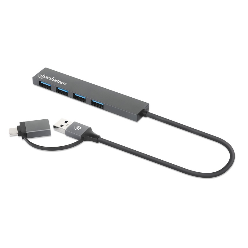Manhattan USB-C & USB-A Combo Dock/Hub, Ports (4): USB-A (x4), 5 Gbps (USB 3.2 Gen1 aka USB 3.0), External Power Supply Not Needed, Cable 25cm, SuperSpeed USB, Black, Retail Box