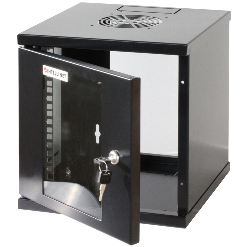 Intellinet 10" Network Cabinet - Wall Mount (Standard), 6U, 300mm Deep, Black, Assembled, Max 60kg, Suitable also for use on desk or floor, Usable Depth 265mm, Metal & Glass Door, Back Panel,Removeable Sides,Parts for wall install (eg screws/rawl plugs) n