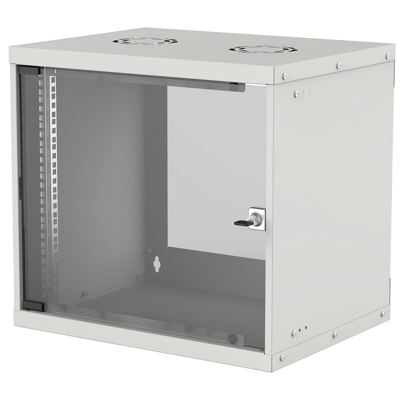 Intellinet 19" Network Cabinet - Wall Mount (Basic), 9U, 400mm Deep, Grey, Flatpack, Max 50kg, Usable Depth 340mm, Glass Door, Rack, Parts for wall installation (eg screws and rawl plugs) not included