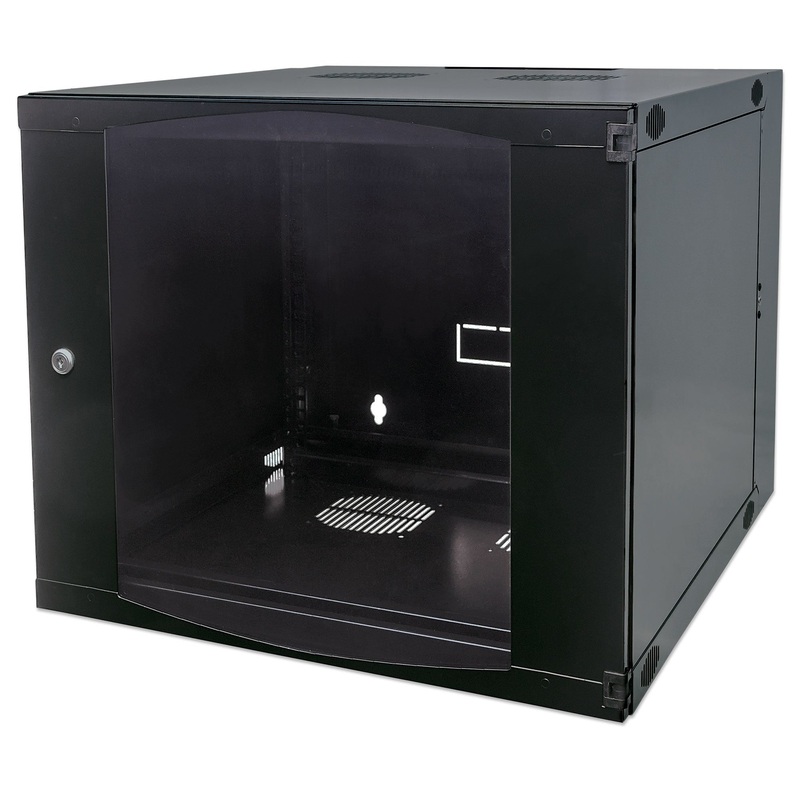 Intellinet 19" Network Cabinet - Wall Mount (Double Section Hinged Swing Out), 12U, 450mm Deep, Black, Flatpack, Max 30kg, Swings out for access to back of cabinet when installed on wall, Usable Depth 235mm, Rack, Parts for wall installation not included