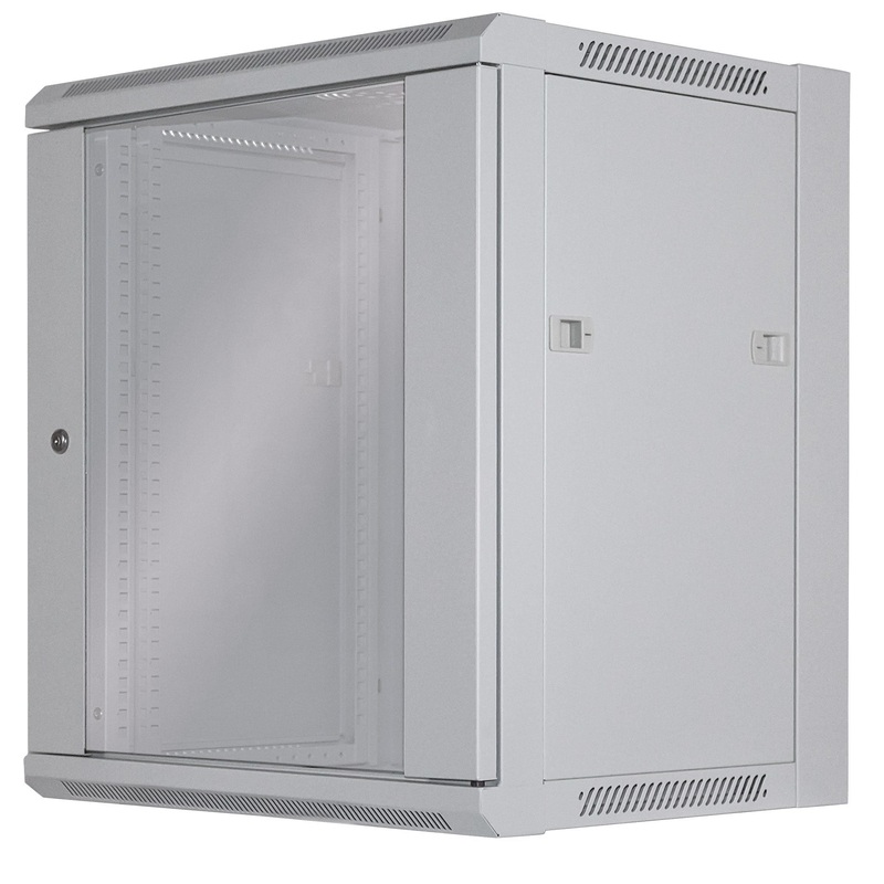 Intellinet 19" Network Cabinet - Wall Mount (Standard), 12U, 450mm Deep, Grey, Flatpack, Max 60kg, Suitable also for use on desk or floor, Usable Depth 260mm, Metal & Glass Door, Back Panel, Removeable Sides, Parts for wall install (eg screws/rawl plugs)