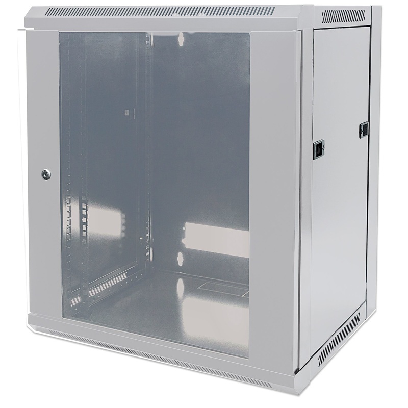 Intellinet 19" Network Cabinet - Wall Mount (Standard), 12U, 600mm Deep, Grey, Flatpack, Max 60kg, Metal & Glass Door, Back Panel, Removeable Sides, Suitable also for use on desk or floor, Usable Depth 410mm, Parts for wall install (eg screws/rawl plugs)