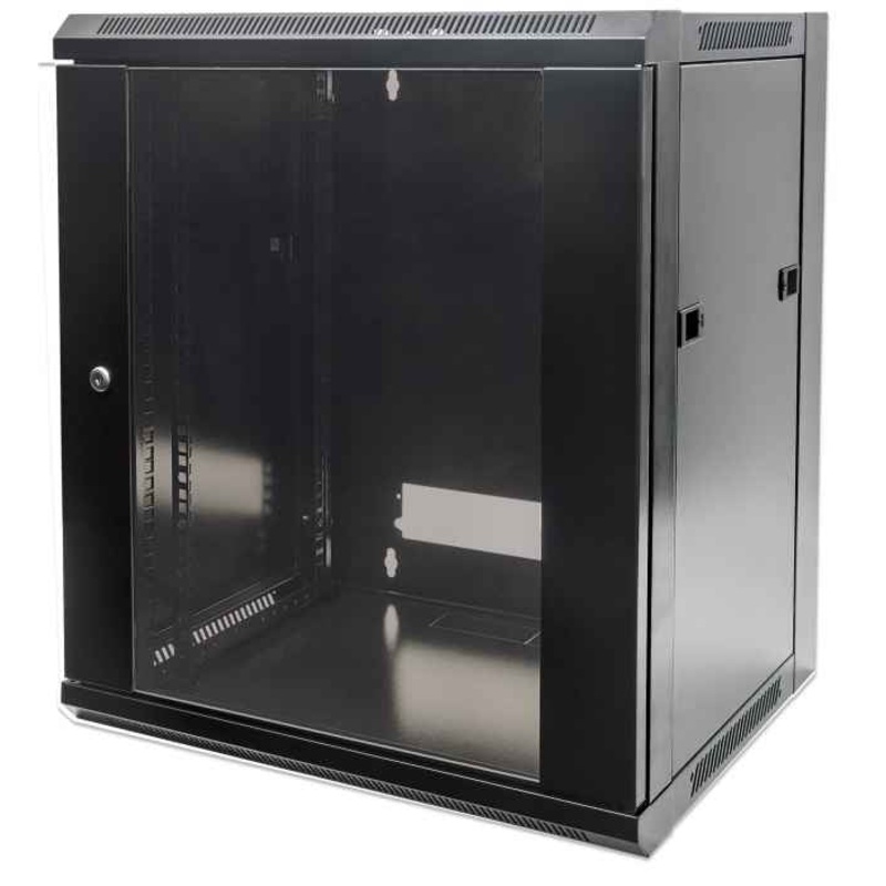 Intellinet 19" Network Cabinet - Wall Mount (Standard), 6U, 450mm Deep, Black, Flatpack, Max 60kg, Suitable also for use on desk or floor, Usable Depth 270mm to 350mm, Metal & Glass Door, Back Panel, Removeable Sides,Parts for wall installation not includ