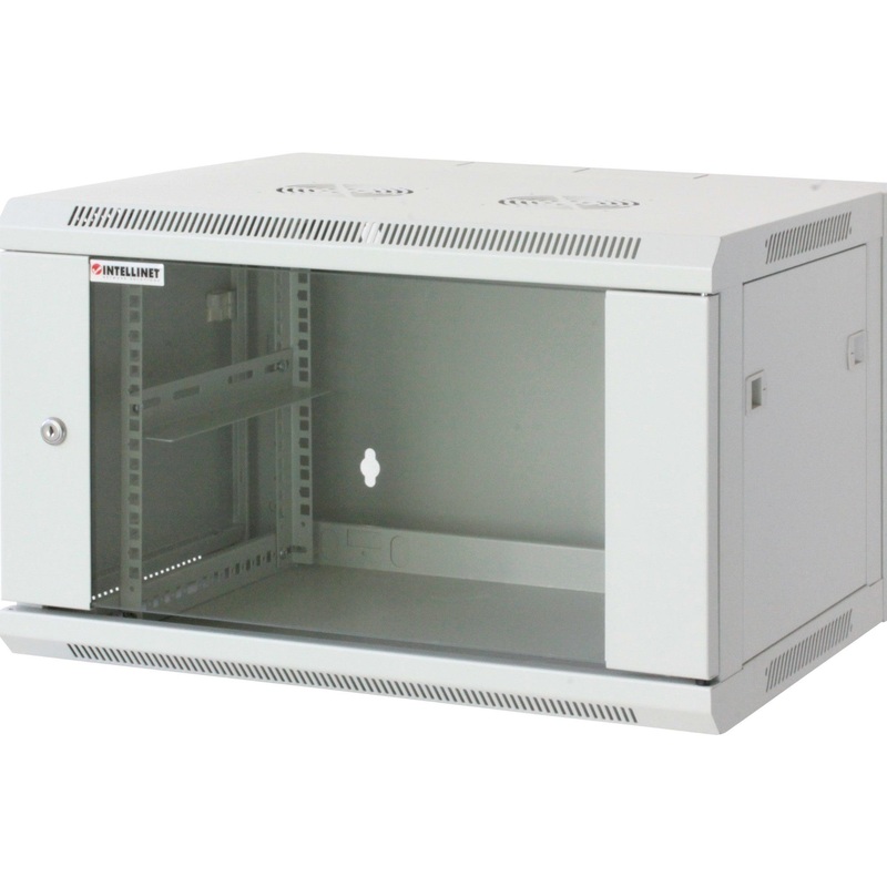 Intellinet 19" Network Cabinet - Wall Mount (Standard), 6U, 450mm Deep, Grey, Assembled, Max 60kg, Suitable also for use on desk or floor, Usable Depth 350mm, Metal & Glass Door, Back Panel, Removeable Sides, Parts for wall install (eg screws/rawl plugs)