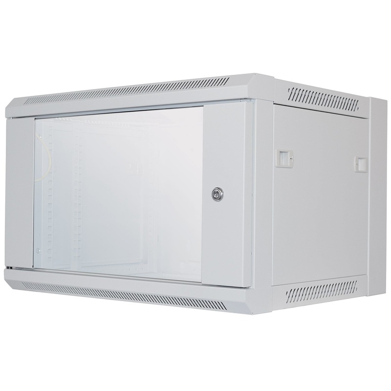 Intellinet 19" Network Cabinet - Wall Mount (Standard), 6U, 450mm Deep, Grey, Flatpack, Max 60kg, Suitable also for use on desk or floor, Usable Depth 260mm, Metal & Glass Door, Back Panel, Removeable Sides, Parts for wall install (eg screws/rawl plugs) n