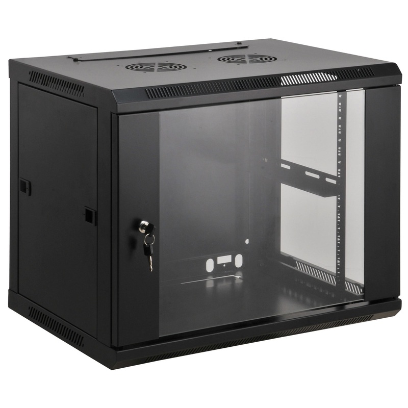 Intellinet 19" Network Cabinet - Wall Mount (Standard), 9U, 450mm Deep, Black, Assembled, Max 60kg, Suitable also for use on desk or floor, Usable Depth 350mm, Metal & Glass Door, Back Panel, Removeable Sides, Parts for wall install (eg screws/rawl plugs)