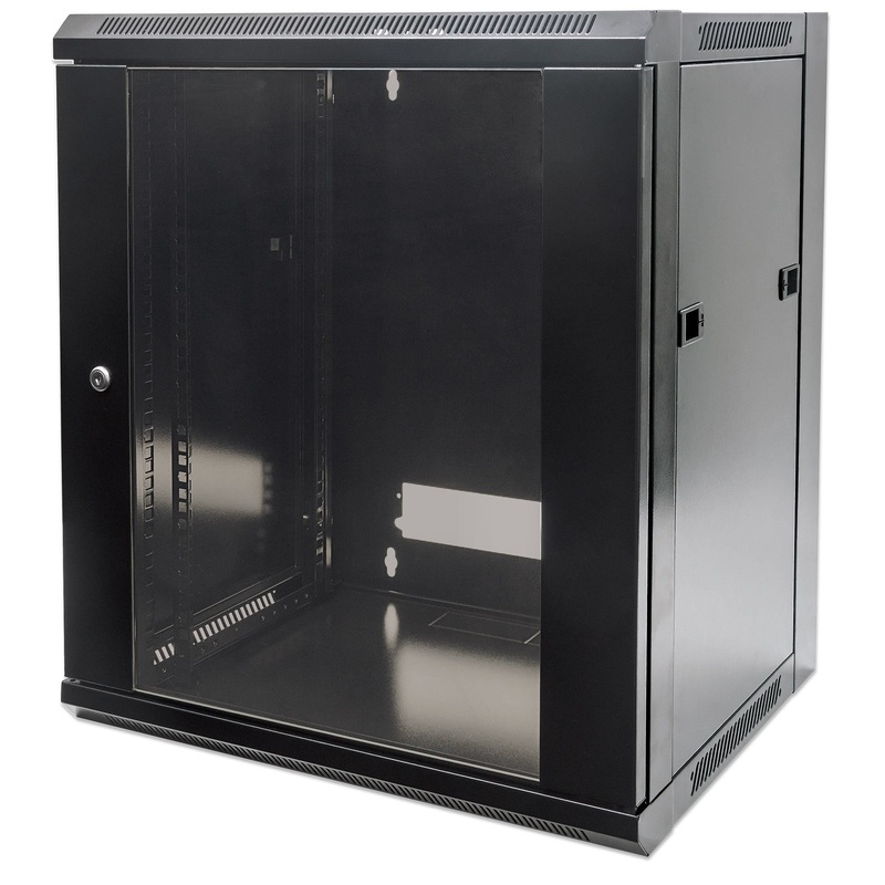 Intellinet 19" Network Cabinet - Wall Mount (Standard), 9U, 450mm Deep, Black, Flatpack, Max 60kg, Suitable also for use on desk or floor, Usable Depth 270mm to 350mm, Metal & Glass Door, Back Panel, Removeable Sides,Parts for wall installation not includ
