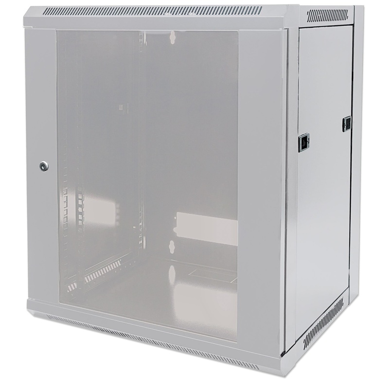 Intellinet 19" Network Cabinet - Wall Mount (Standard), 9U, 450mm Deep, Grey, Flatpack, Max 60kg, Suitable also for use on desk or floor, Usable Depth 260mm, Metal & Glass Door, Back Panel, Removeable Sides, Parts for wall install (eg screws/rawl plugs) n