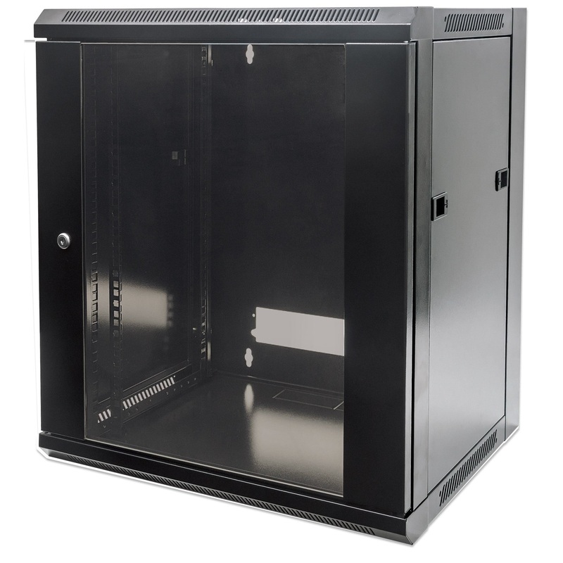 Intellinet 19" Network Cabinet - Wall Mount (Standard), 9U, 600mm Deep, Black, Flatpack, Max 60kg, Suitable also for use on desk or floor, Usable Depth 410mm, Metal & Glass Door, Back Panel, Removeable Sides, Parts for wall install (eg screws/rawl plugs)